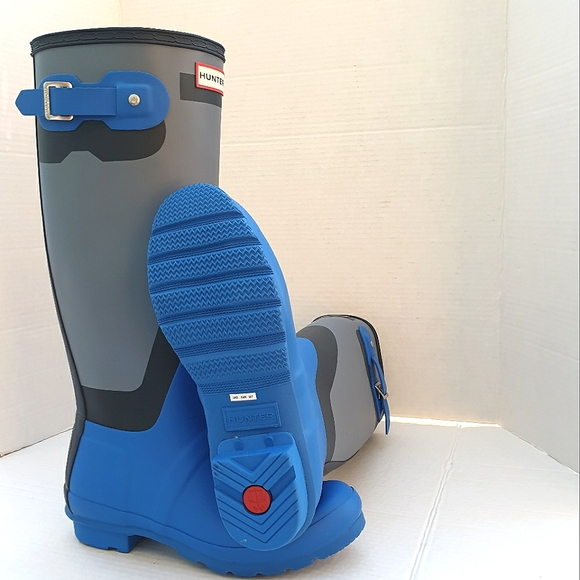 Hunter Wm's Original Tall Wellington Shadow Print Rainboots Grey, Bucket Blue  7 - Picture 7 of 16